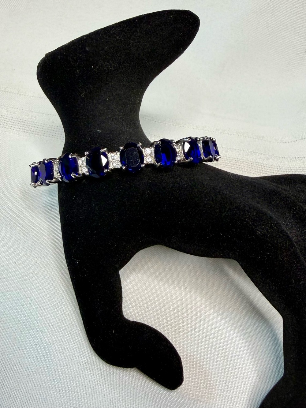 Hinged Bracelet 316L Stainless Steel Deep Sapphire Blue Glass Stones Stunning